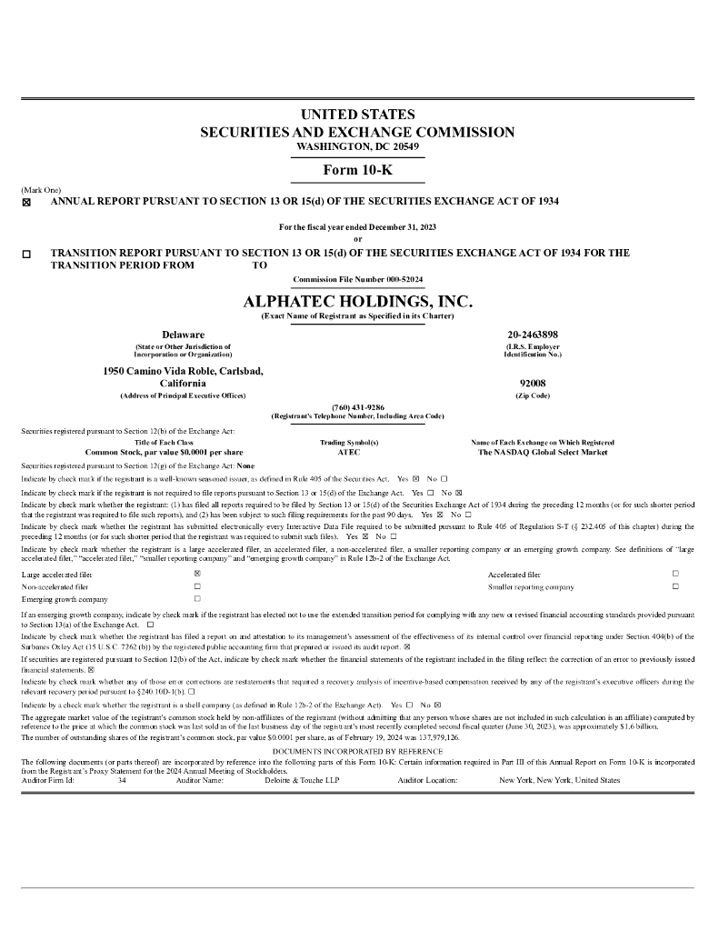 Alphatec Holdings Inc（ATEC）2023财年年度报告（英文版）