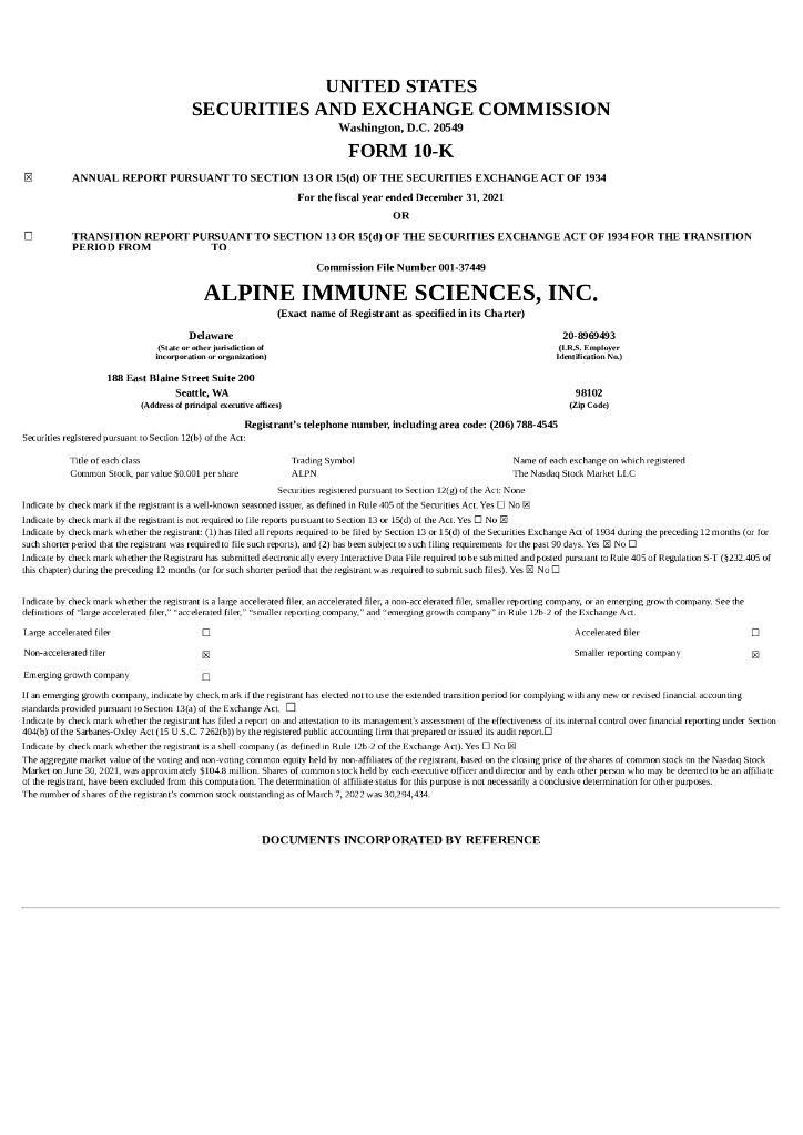 Alpine Immune Sciences, Inc.（ALPN）2021财年年度报告（英文版）