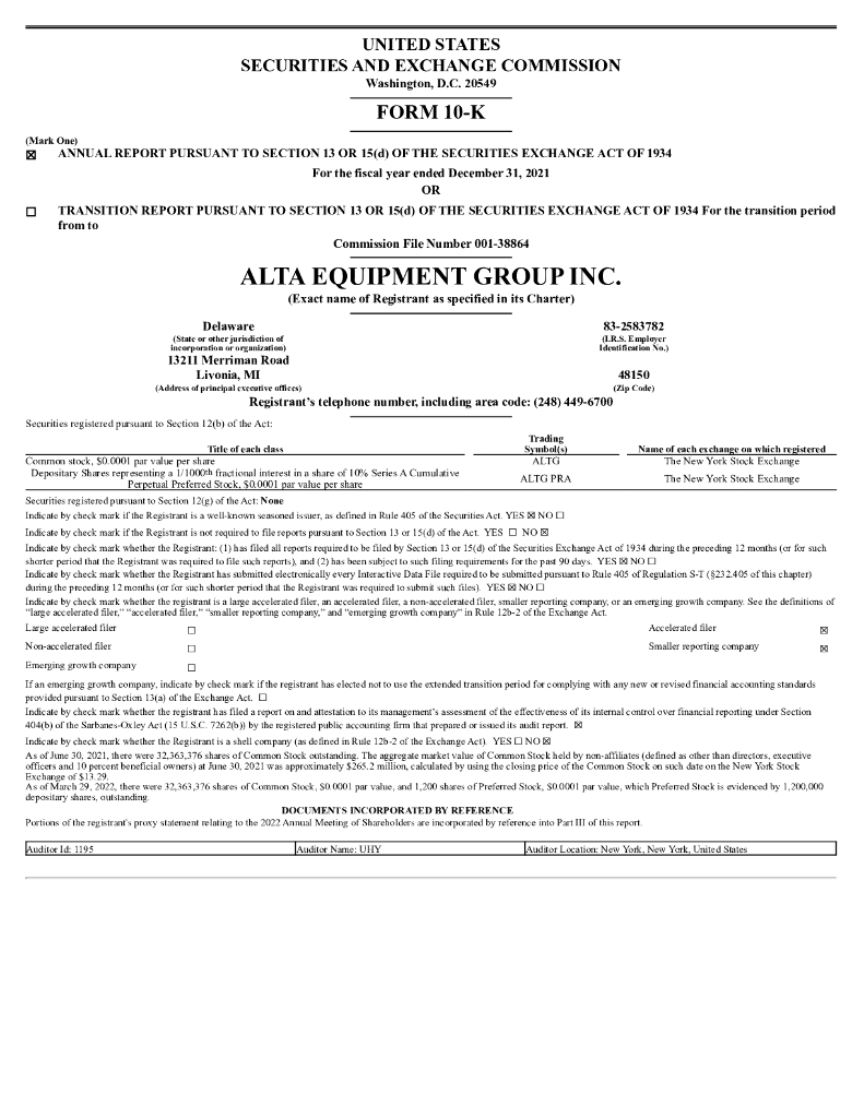Alta Equipment Group Inc.（ALTG）2021财年年度报告（英文版）