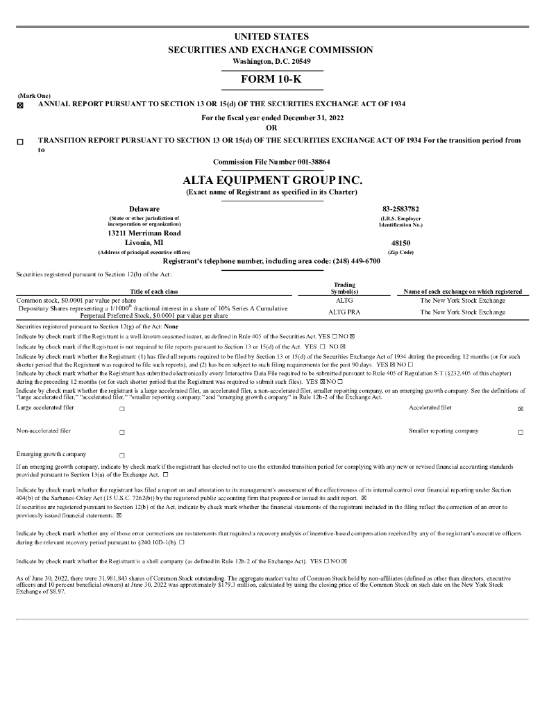 Alta Equipment Group Inc.（ALTG）2022财年年度报告（英文版）