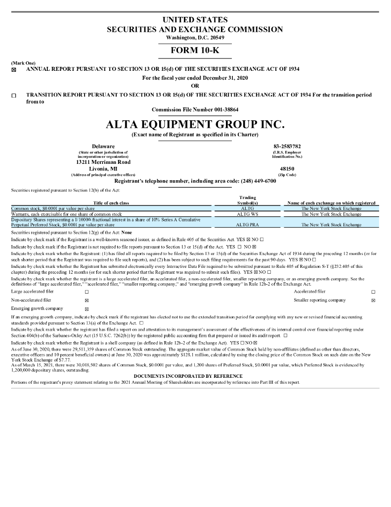 Alta Equipment Group Inc.（ALTG）2020财年年度报告（英文版）