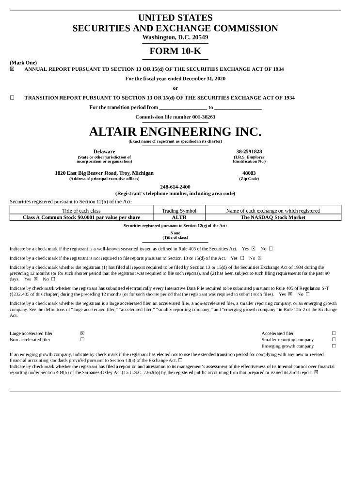 Altair Engineering Inc.（ALTR）2020财年年度报告（英文版）
