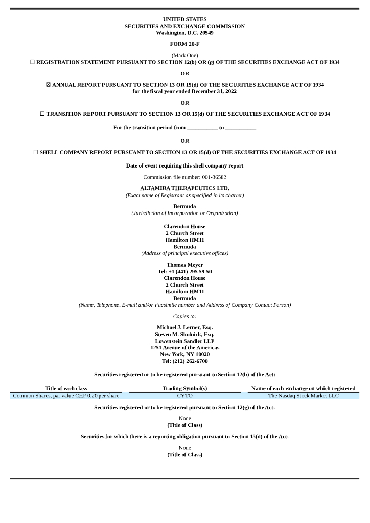Altamira Therapeutics Ltd.（CYTO）2022财年年度报告（英文版）