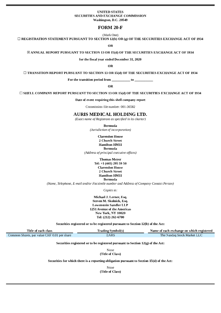 Altamira Therapeutics Ltd.（CYTO）2020财年年度报告（英文版）