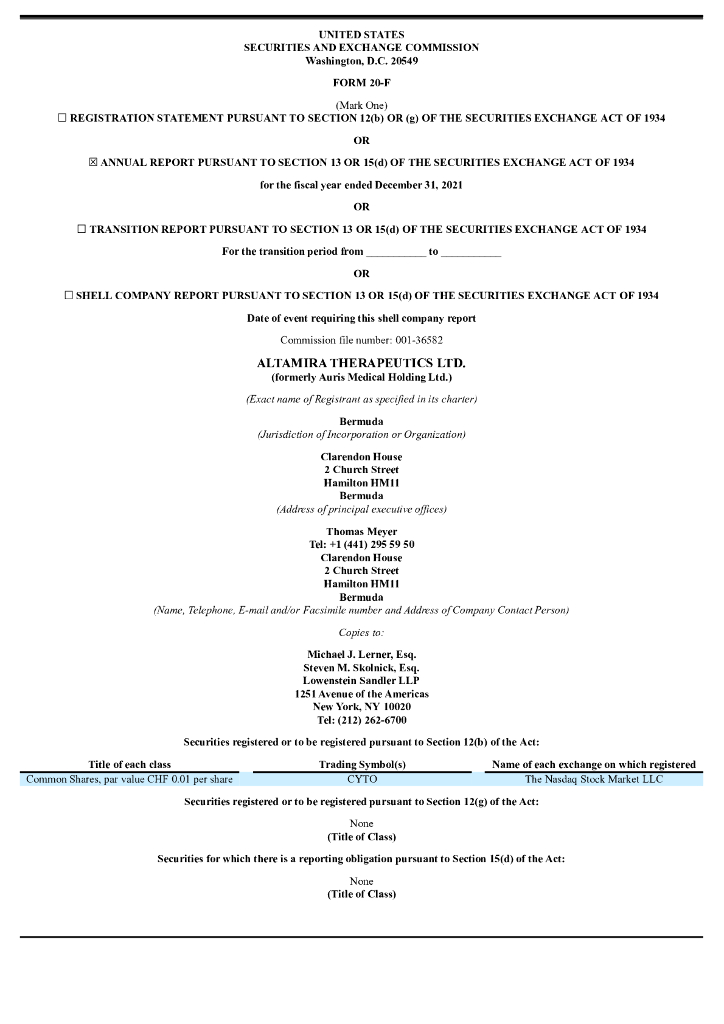 Altamira Therapeutics Ltd.（CYTO）2021财年年度报告（英文版）