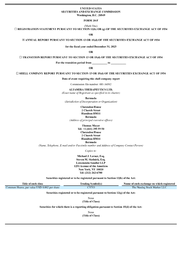Altamira Therapeutics Ltd.（CYTO）2023财年年度报告（英文版）