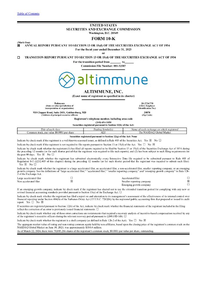 Altimmune, Inc.（ALT）2023财年年度报告（英文版）