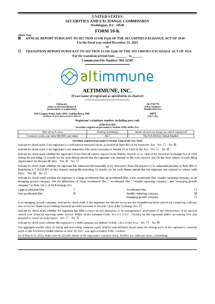 Altimmune, Inc.（ALT）2021财年年度报告（英文版）