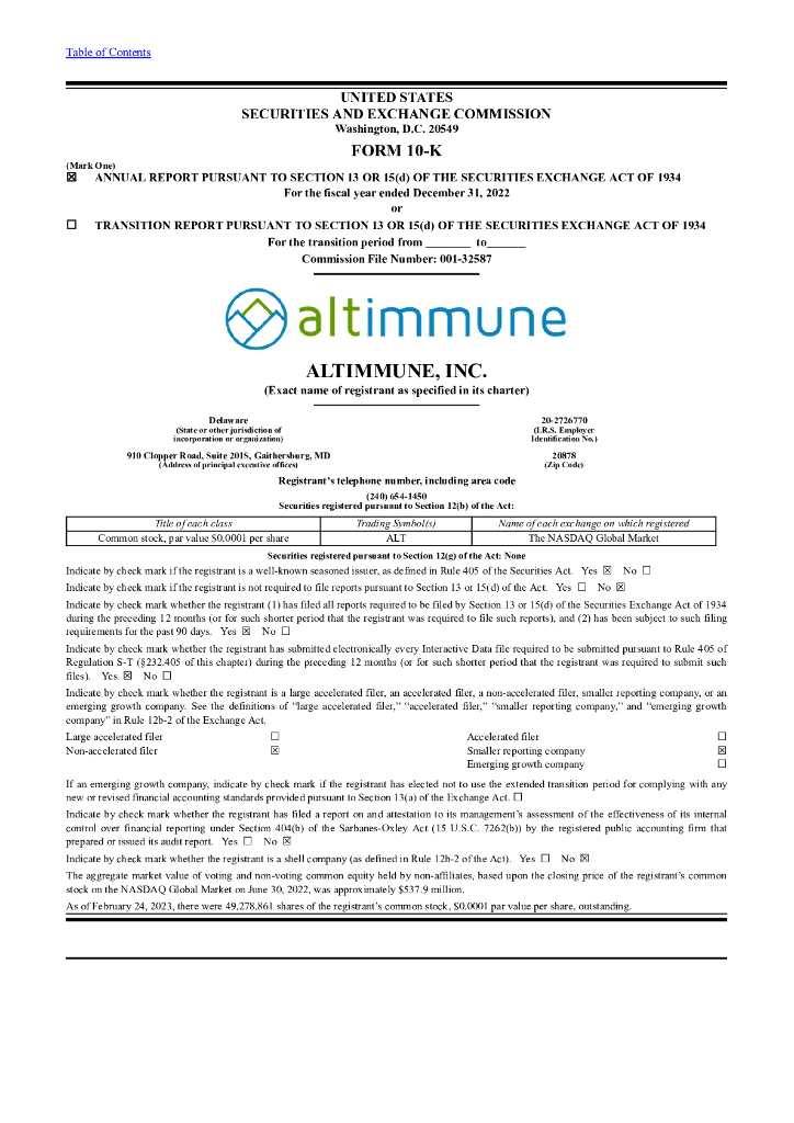 Altimmune, Inc.（ALT）2022财年年度报告（英文版）