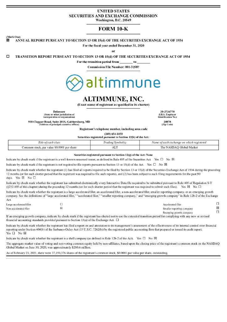 Altimmune, Inc.（ALT）2020财年年度报告（英文版）