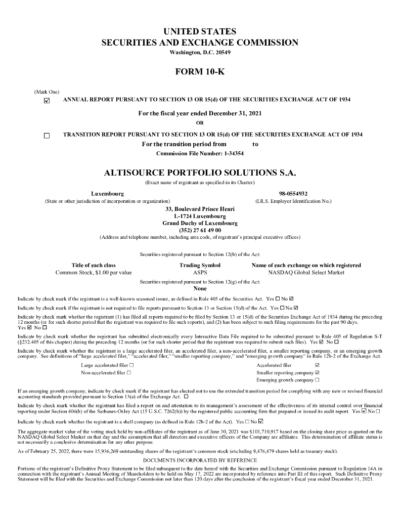 Altisource Portfolio Solutions S.A.（ASPS）2021财年年度报告（英文版）