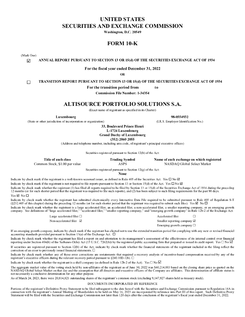 Altisource Portfolio Solutions S.A.（ASPS）2022财年年度报告（英文版）