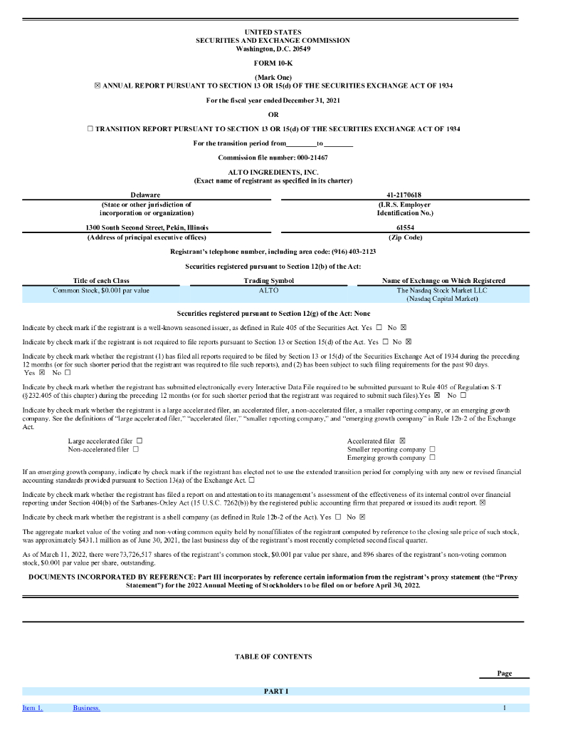 Alto Ingredients, Inc.（ALTO）2021财年年度报告（英文版）