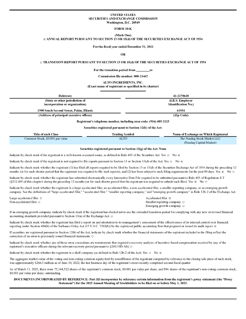 Alto Ingredients, Inc.（ALTO）2022财年年度报告（英文版）