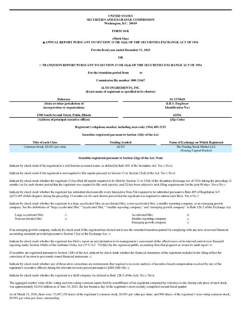 Alto Ingredients, Inc.（ALTO）2023财年年度报告（英文版）