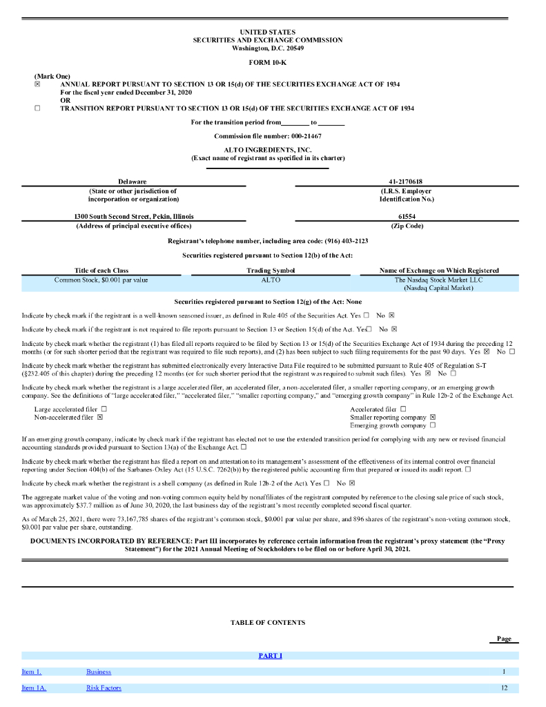 Alto Ingredients, Inc.（ALTO）2020财年年度报告（英文版）