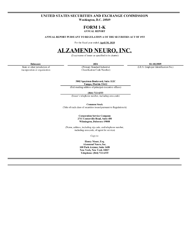 Alzamend Neuro, Inc.（ALZN）2020财年年度报告（英文版）