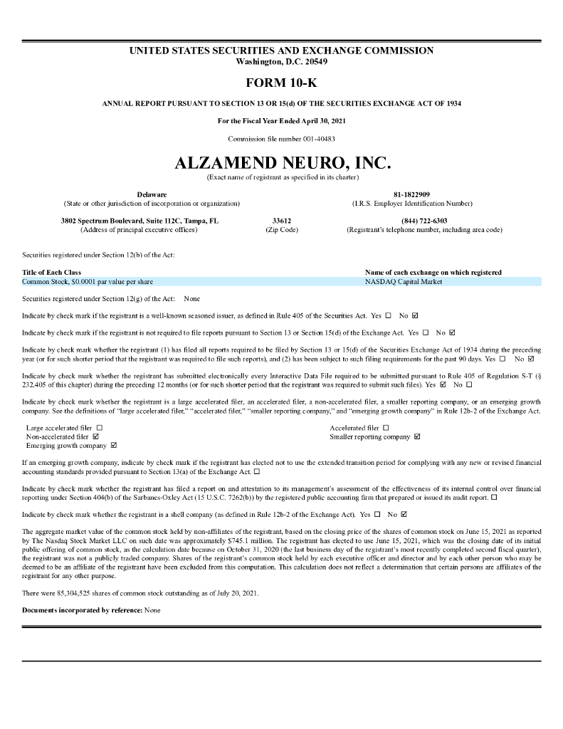 Alzamend Neuro, Inc.（ALZN）2021财年年度报告（英文版）