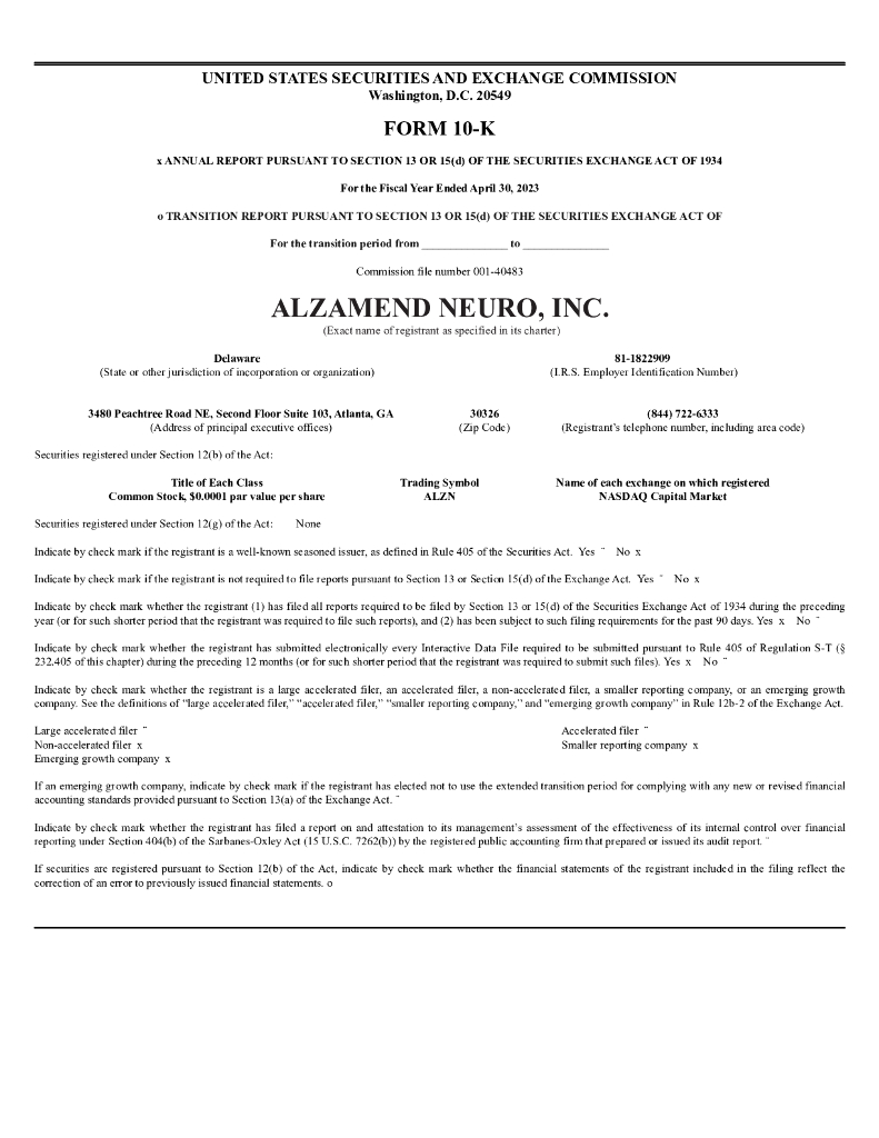 Alzamend Neuro, Inc.（ALZN）2023财年年度报告（英文版）
