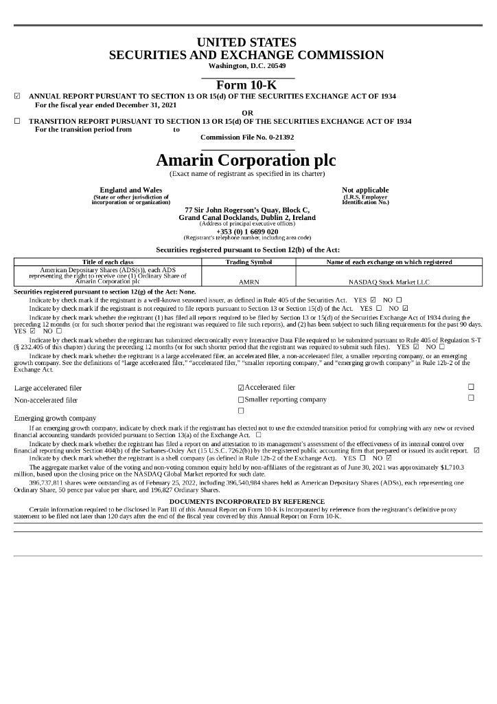 Amarin Corporation plc（AMRN）2021财年年度报告（英文版）