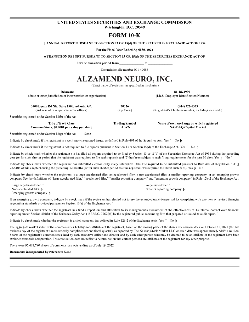 Alzamend Neuro, Inc.（ALZN）2022财年年度报告（英文版）