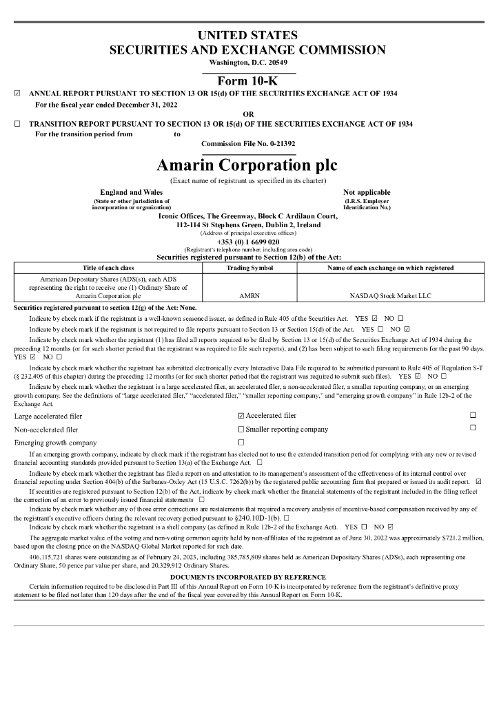 Amarin Corporation plc（AMRN）2022财年年度报告（英文版）