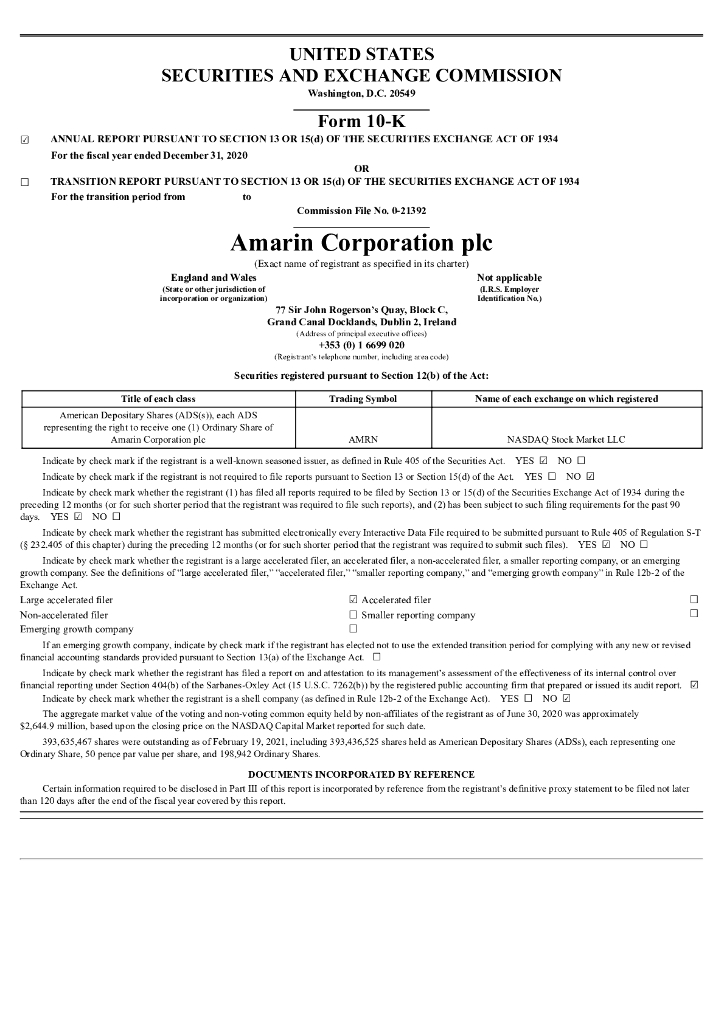 Amarin Corporation plc（AMRN）2020财年年度报告（英文版）