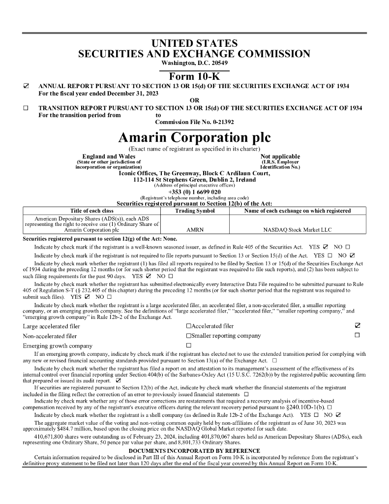 Amarin Corporation plc（AMRN）2023财年年度报告（英文版）