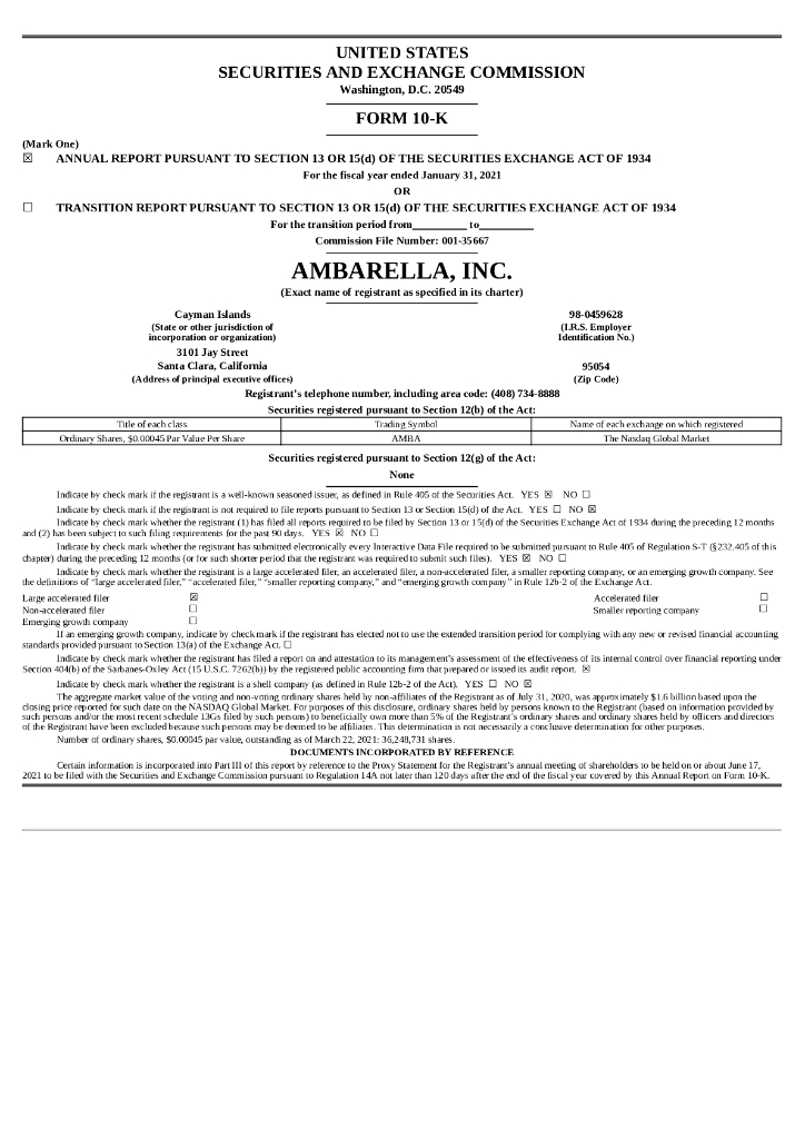 Ambarella Inc（AMBA）2020财年年度报告（英文版）