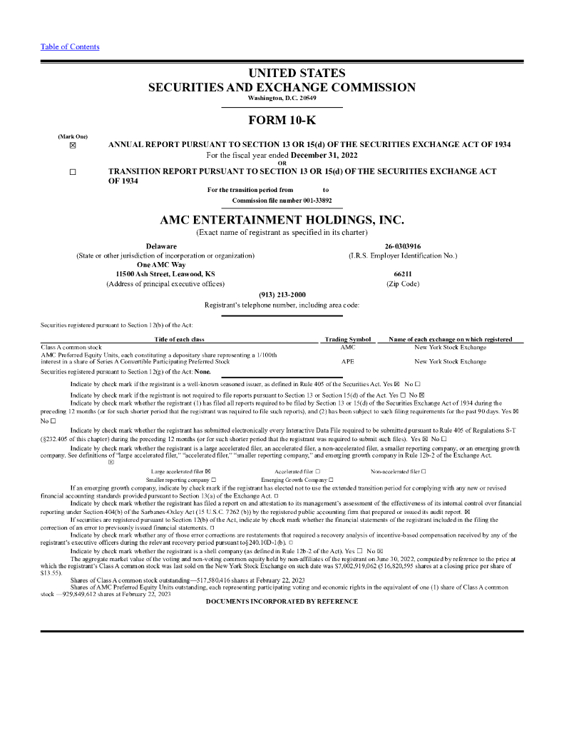 AMC Entertainment Holdings Inc（AMC）2022财年年度报告（英文版）