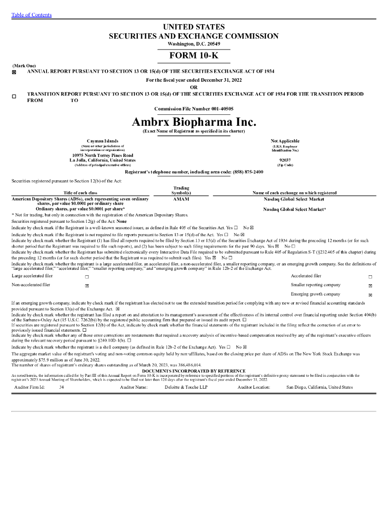 Ambrx Biopharma Inc.（AMAM）2022财年年度报告（英文版）