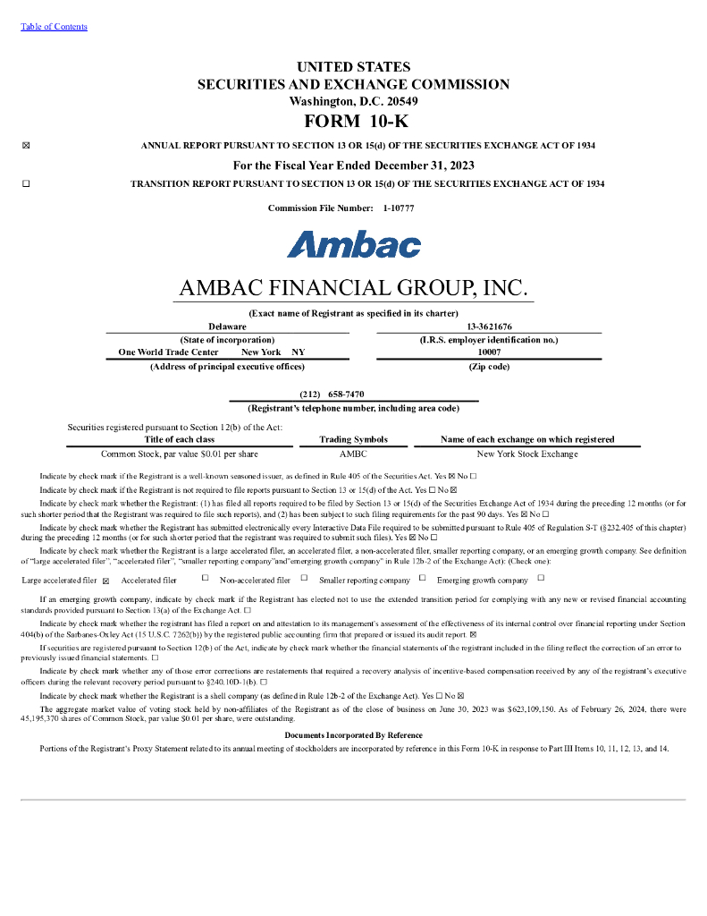 Ambac Financial Group, Inc.（AMBC）2023财年年度报告（英文版）