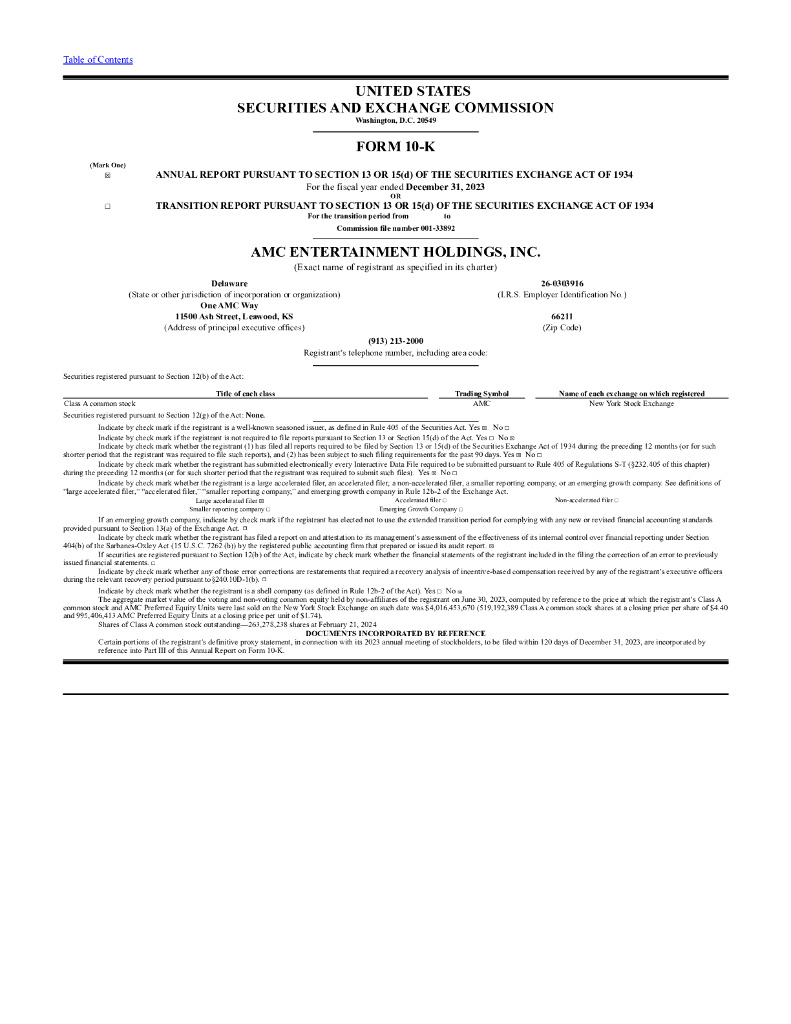 AMC Entertainment Holdings Inc（AMC）2023财年年度报告（英文版）