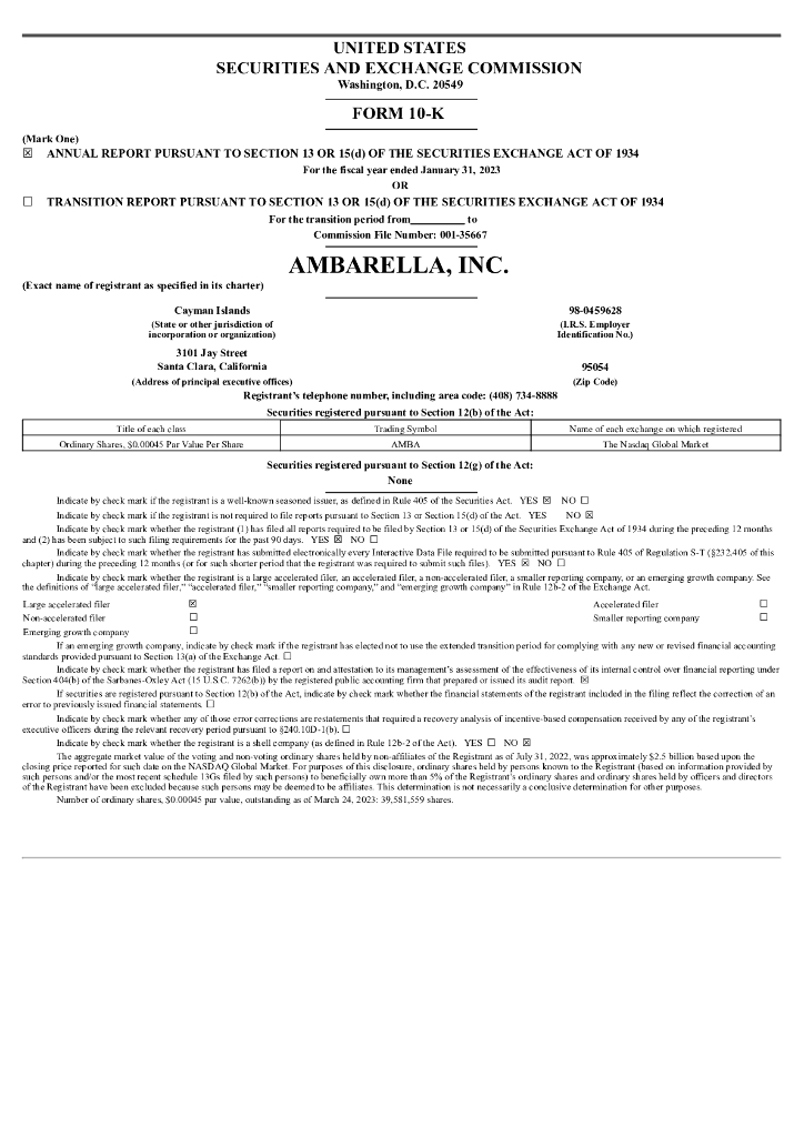 Ambarella Inc（AMBA）2022财年年度报告（英文版）