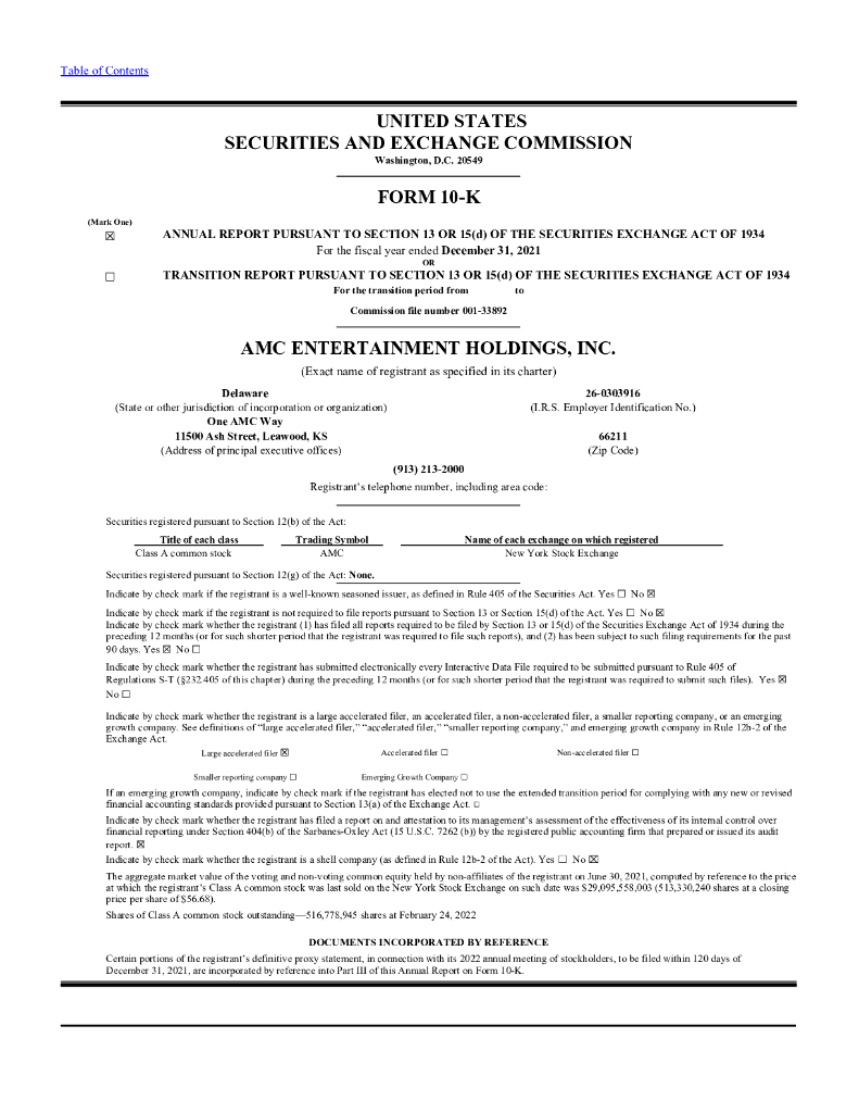AMC Entertainment Holdings Inc（AMC）2021财年年度报告（英文版）