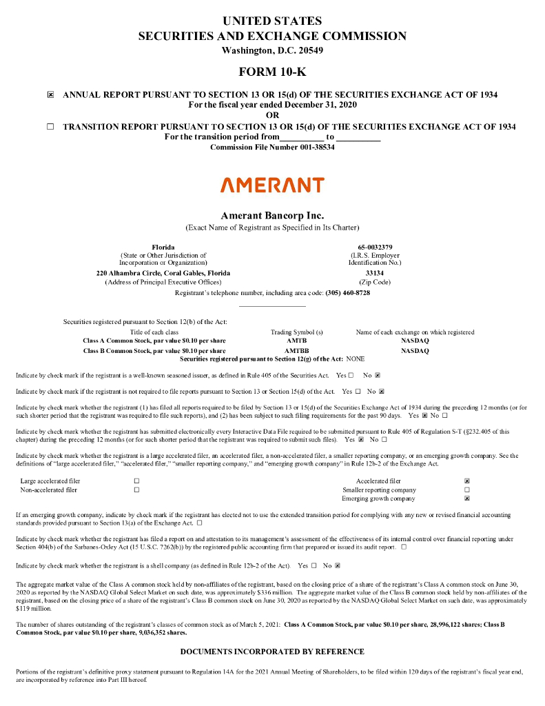 Amerant Bancorp Inc.（AMTBB）2020财年年度报告（英文版）