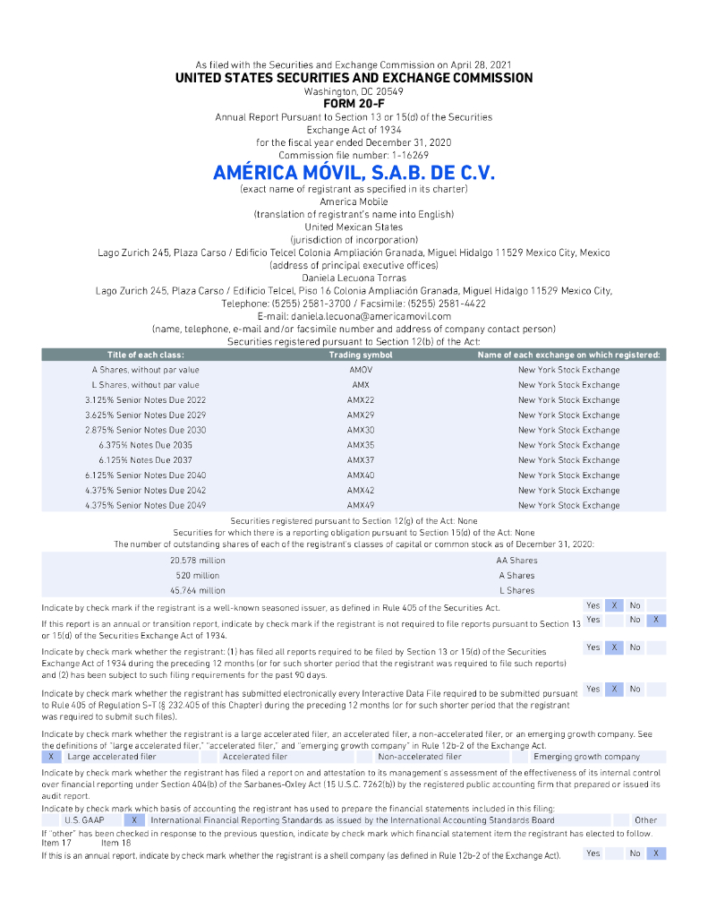 America Movil, S.A.B. de C.V.（AMX）2020财年年度报告（英文版）