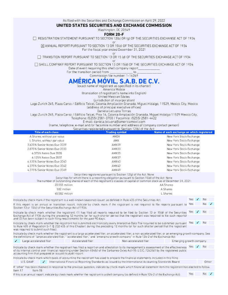 America Movil, S.A.B. de C.V.（AMX）2021财年年度报告（英文版）