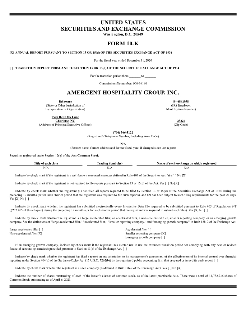 Amergent Hospitality Group, Inc.（AMHG）2020财年年度报告（英文版）