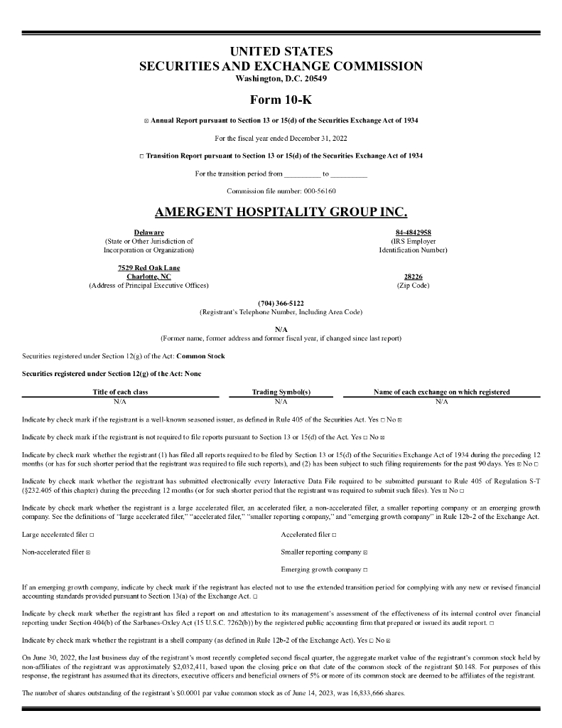 Amergent Hospitality Group, Inc.（AMHG）2022财年年度报告（英文版）