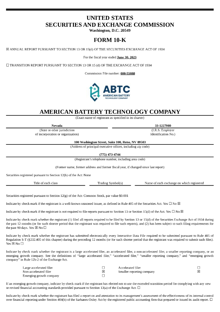 American Battery Technology Company（ABAT）2023财年年度报告（英文版）