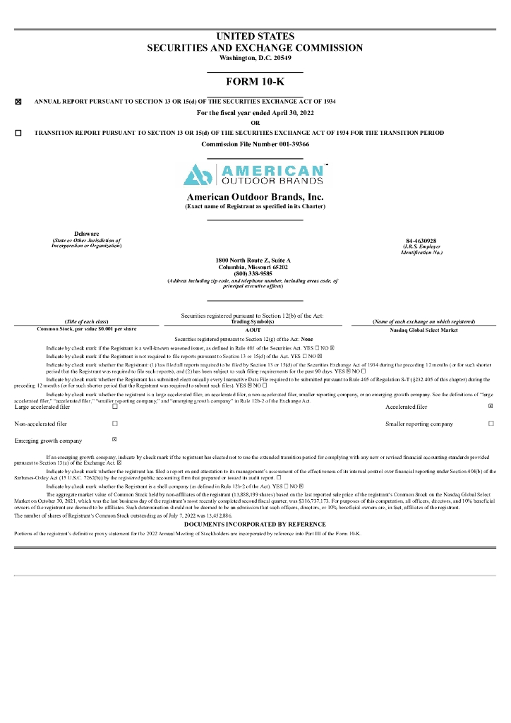 American Outdoor Brands, Inc.（AOUT）2022财年年度报告（英文版）