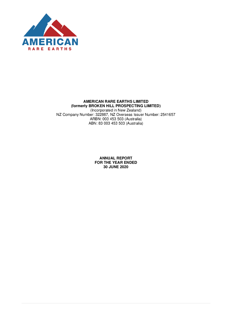 American Rare Earths（ARR）2020财年年度报告（英文版）