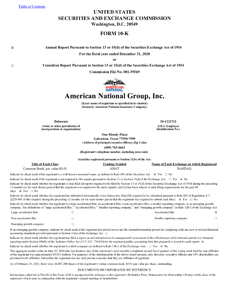 American National Insurance Co.（ANAT）2020财年年度报告（英文版）