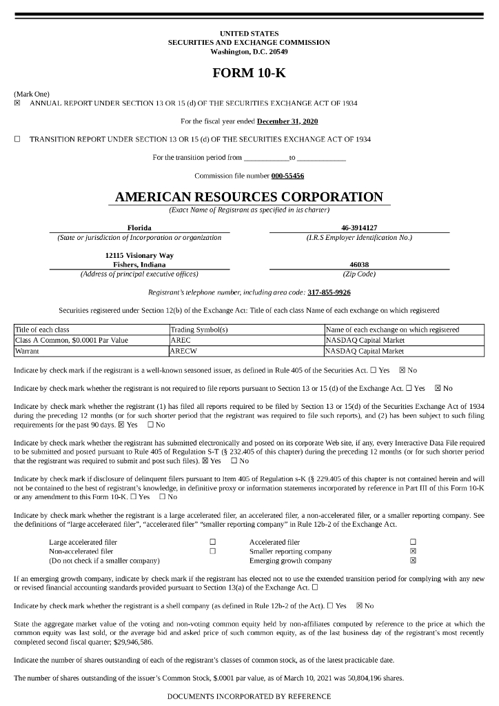 American Resources Corporation（AREC）2020财年年度报告（英文版）