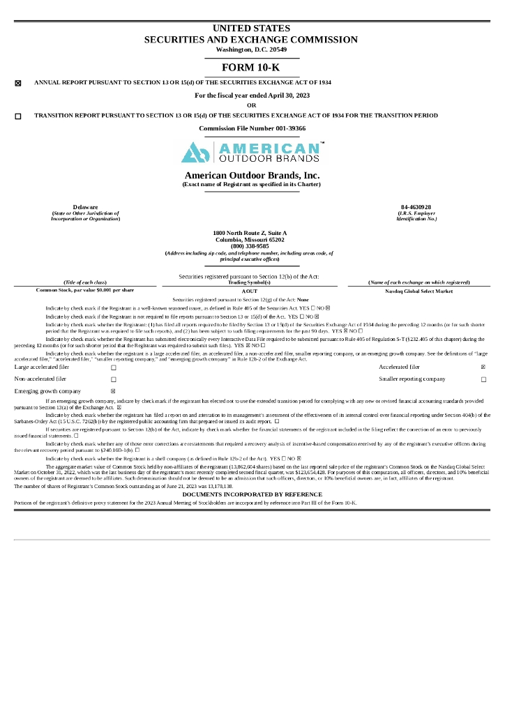 American Outdoor Brands, Inc.（AOUT）2023财年年度报告（英文版）