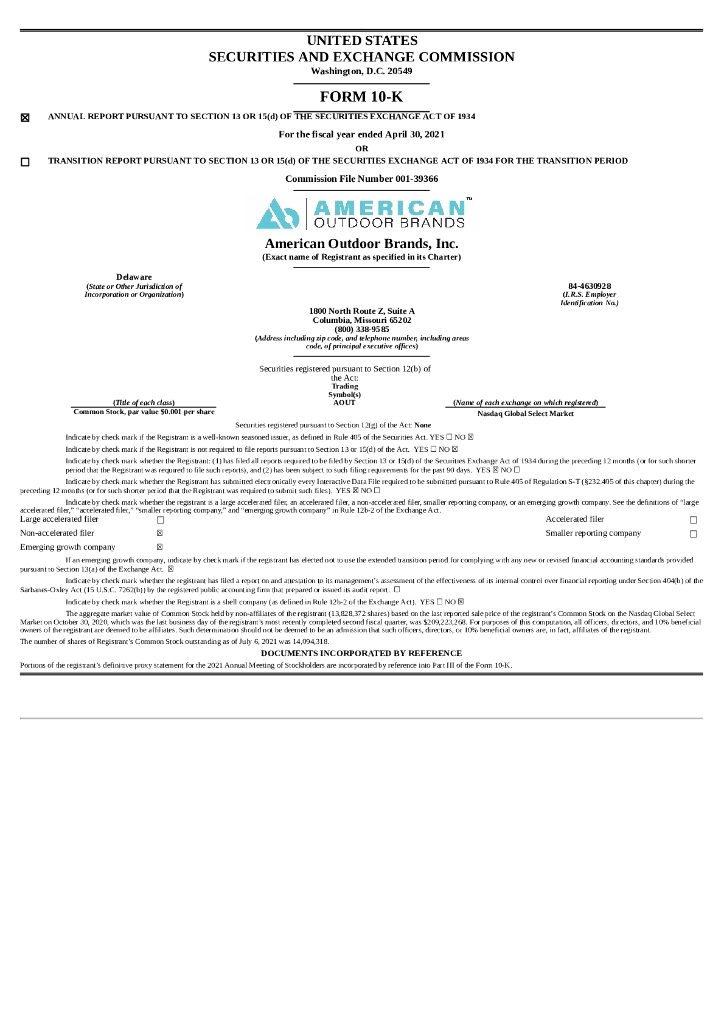 American Outdoor Brands, Inc.（AOUT）2021财年年度报告（英文版）