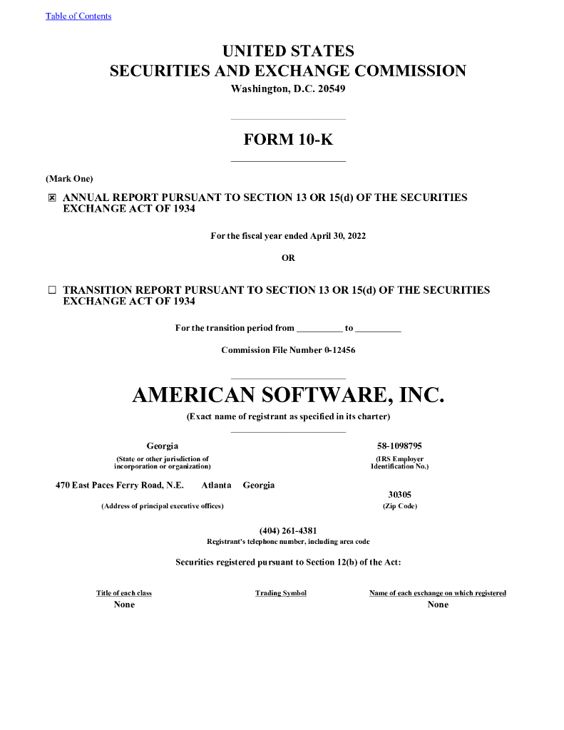 American Software Inc.（AMSWA）2022财年年度报告（英文版）