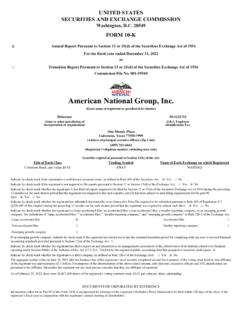 American National Insurance Co.（ANAT）2021财年年度报告（英文版）