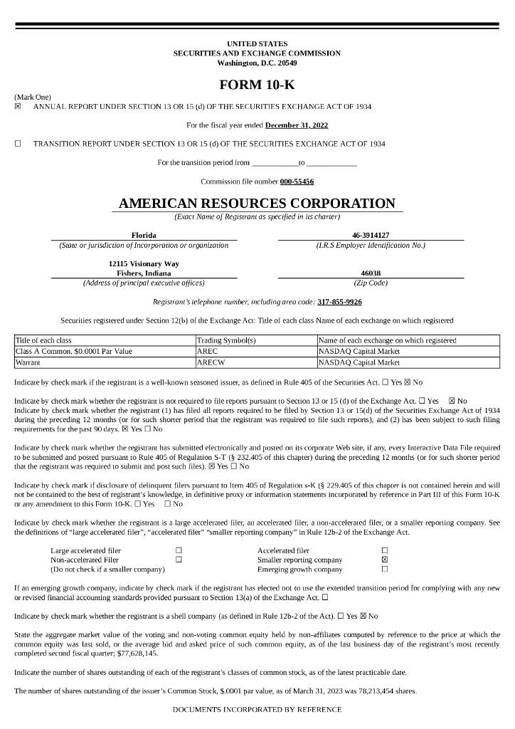 American Resources Corporation（AREC）2022财年年度报告（英文版）